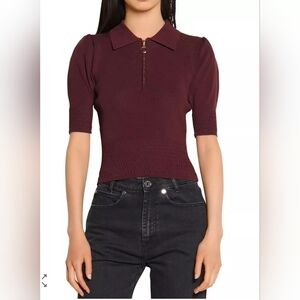 SANDRO Knit Burgundy Short Sleeve Polo Top